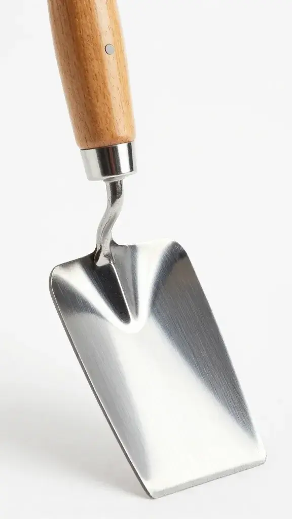 Close-up of a steel hand trowel with a wooden handle, blade gleaming