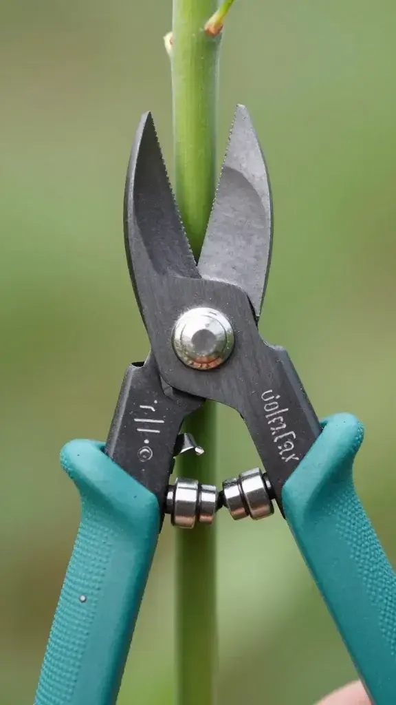 Close-up of bypass pruning shears gripping a green stem, micro-textured grip