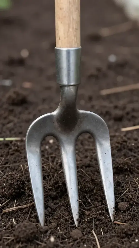 Close-up of a sturdy garden fork tip piercing dark soil, sharp tines visible