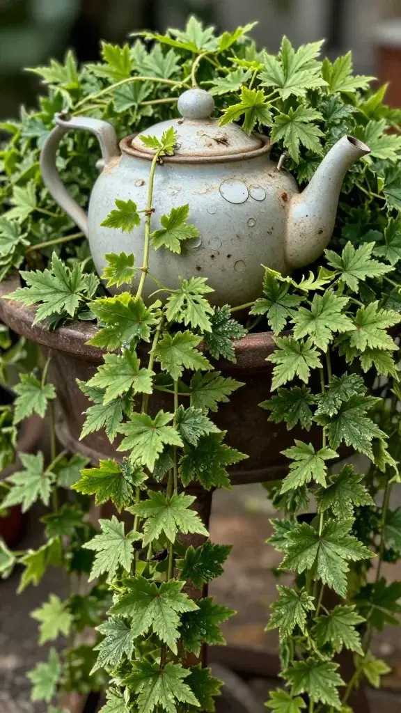 Closeup of a repurposed vintage teapot planter with cascading greens