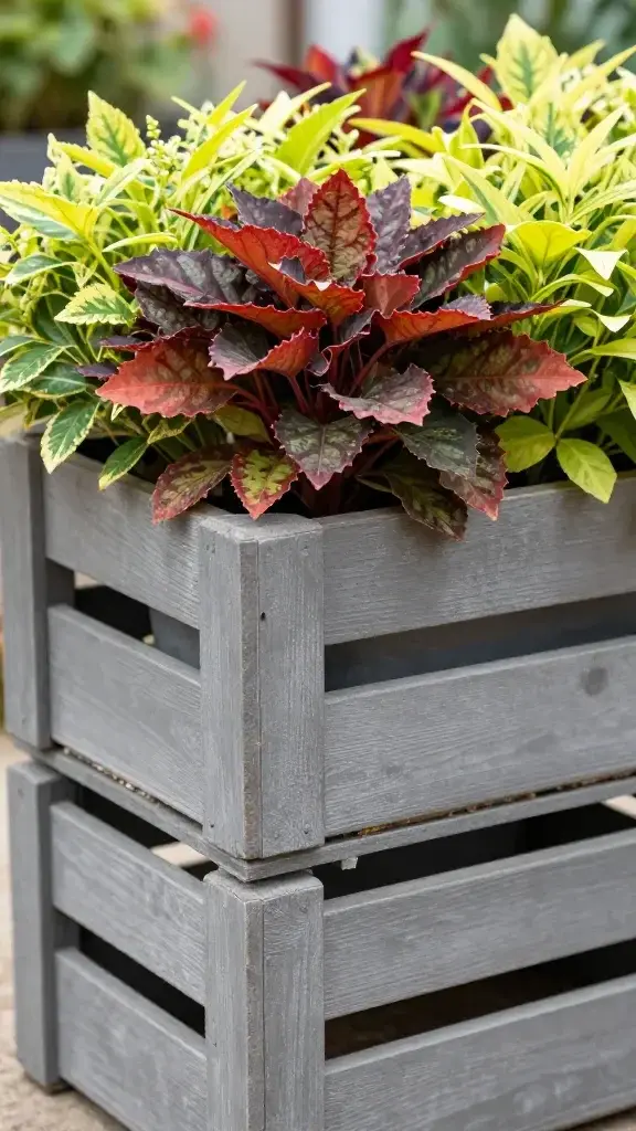 Closeup on a stacked crate planter with vibrant foliage spilling over