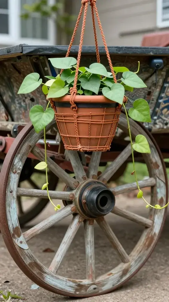 Closeup of a rescued wagon wheel repurposed as a hanging planter with trailing vines