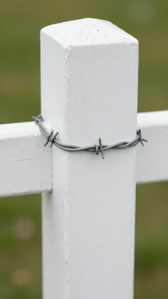 closeup of a chalk-white garden fence post with coiled wire detail