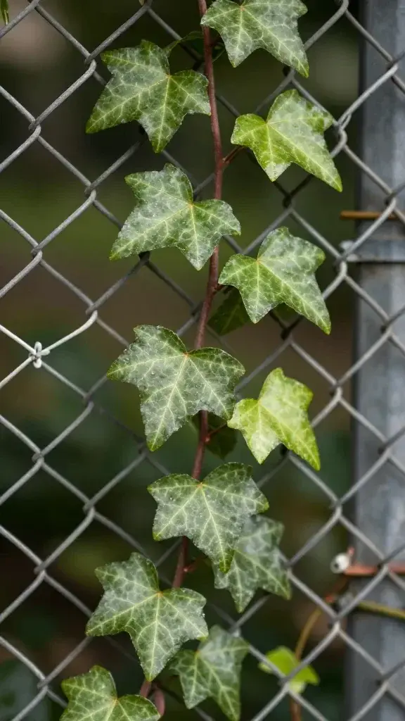 closeup of climbing ivy weaving through chain-link fence mesh