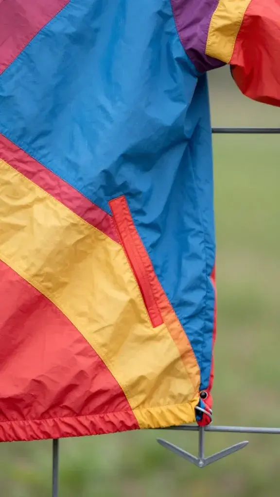 closeup of colorful windbreaker fabric tied to a wire fence anchor
