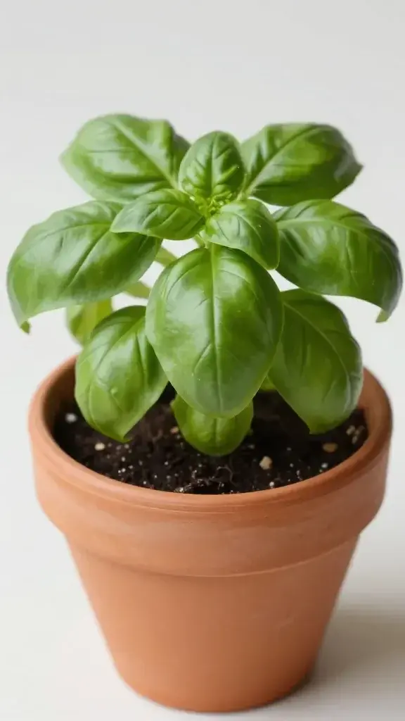 Close-up of a single basil plant in a small terracotta pot