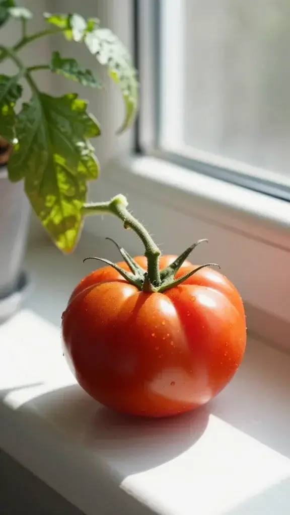 Focused shot of a single tomato on a sunny windowsill plant