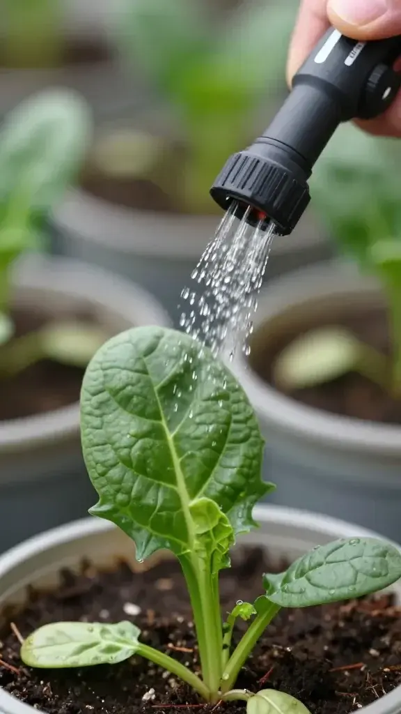 Close-up of a drip irrigation nozzle watering a lone spinach leaf in a pot