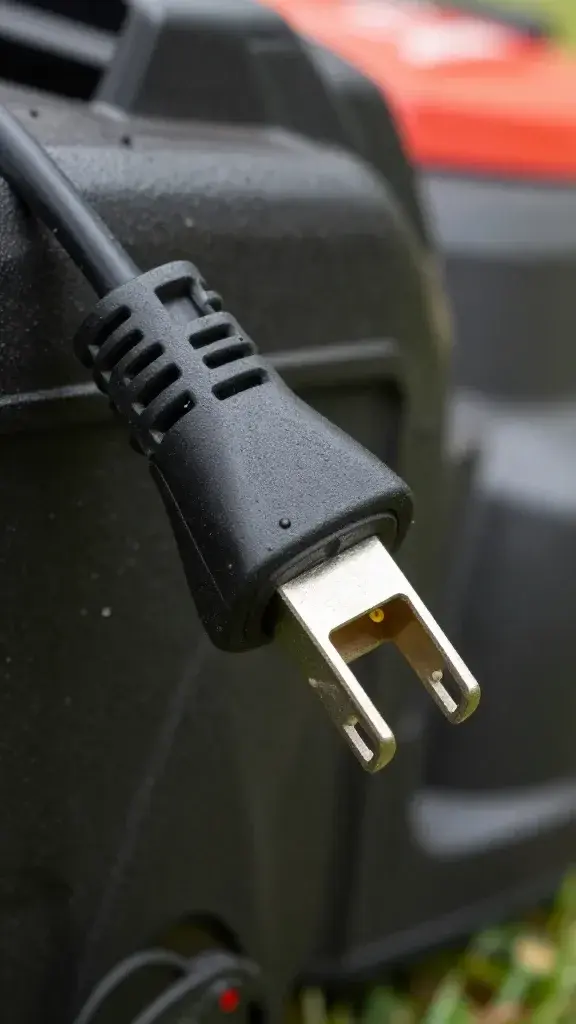 closeup of an electric lawn mower cord plug-in being connected