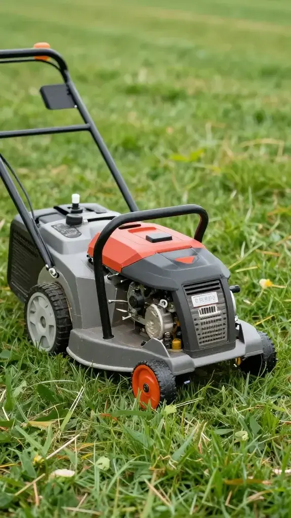 closeup of a compact gas mower cutting short green grass