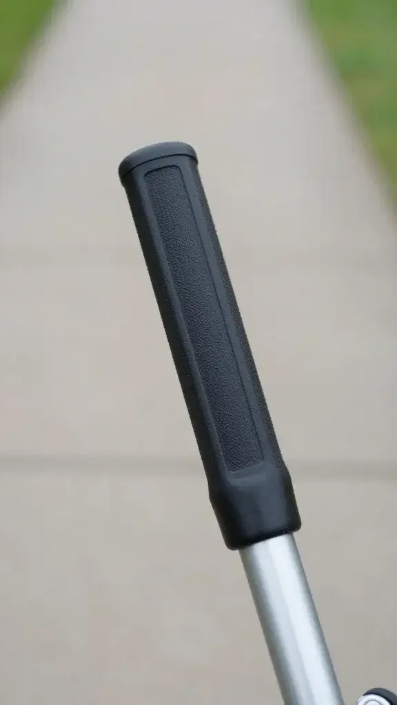 closeup of self-propelled mower handle grip on a flat yard path
