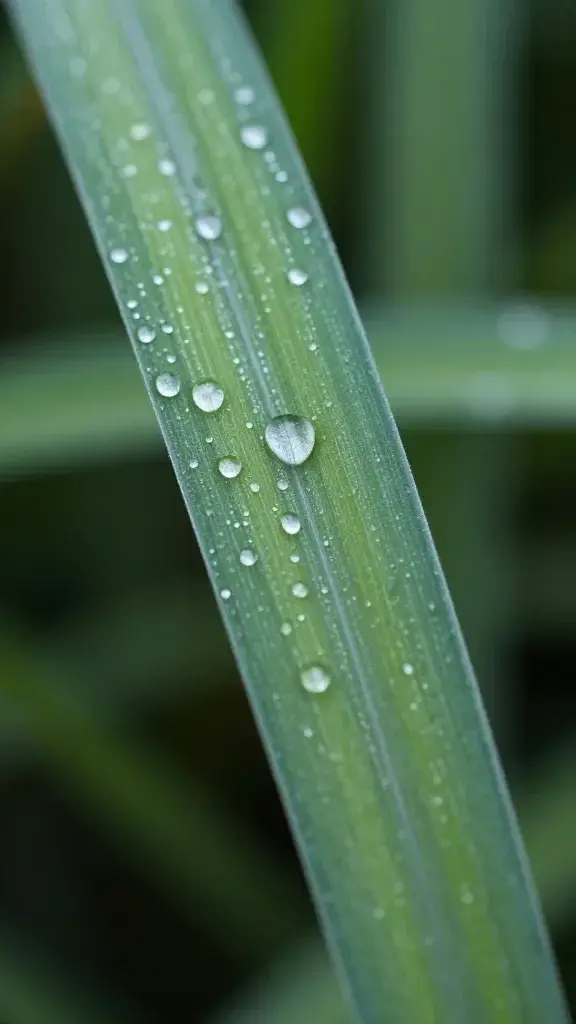 Closeup: single cool-season fescue leaf with dew droplets