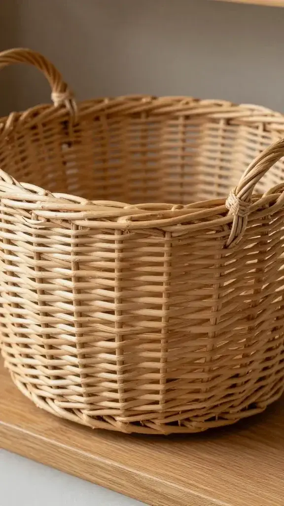 Closeup of a woven wicker harvest basket with a breathable open-weave, resting on a wooden counter
