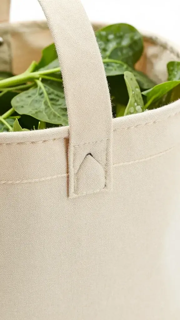 Closeup of a cotton canvas harvest basket with reinforced strap, holding fresh greens