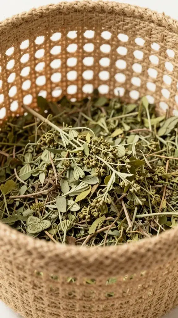 Closeup of a jute harvest basket with perforated sides, air-drying herbs inside