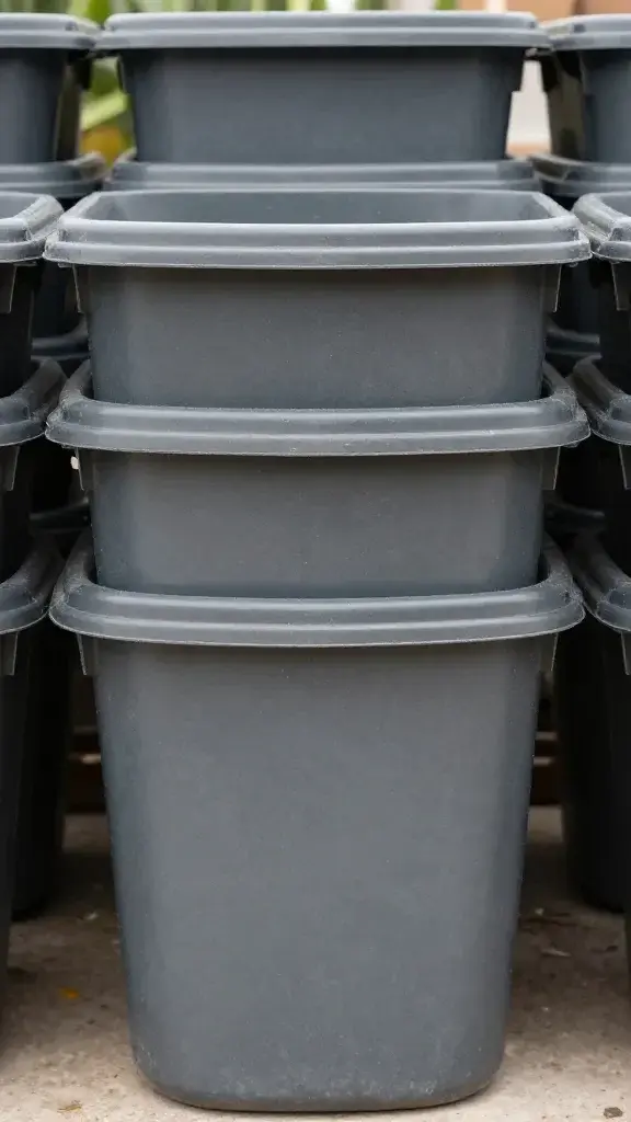 Closeup of stacked composting bins in a yard, single bin front and center