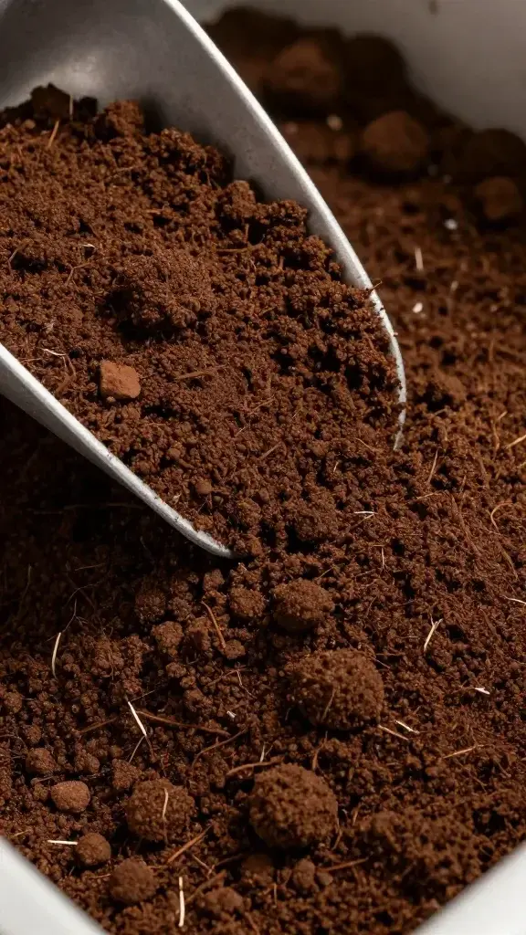 Closeup of dark, rich compost texture spilling from a scoop into a bin