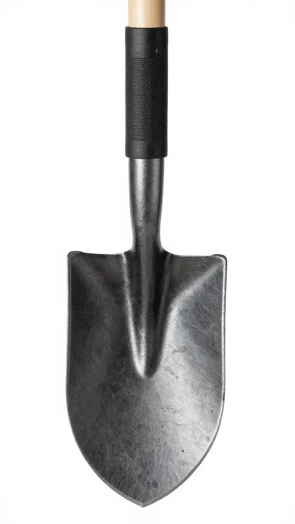 closeup of a sturdy garden shovel blade and handle grip