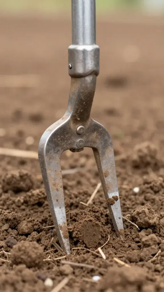 closeup of a soil-tilting digging fork head breaking up clay