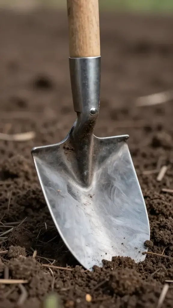 closeup of a classic handheld hoe blade resting on soil edge