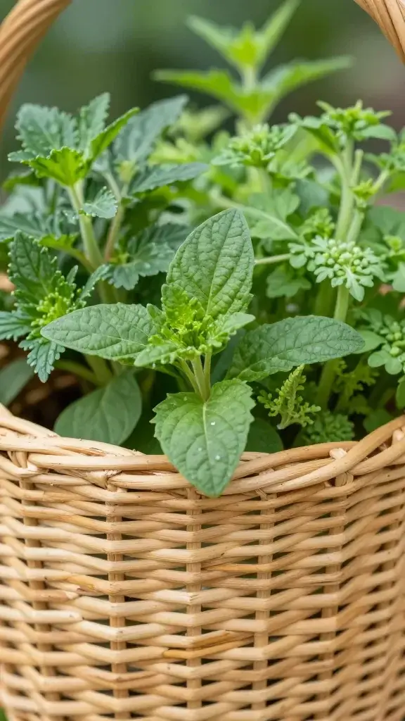 Closeup of a breathable woven garden basket with herbs