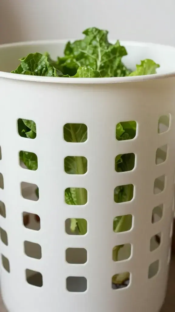 Closeup of a repurposed laundry hamper with ventilation slots and leafy greens