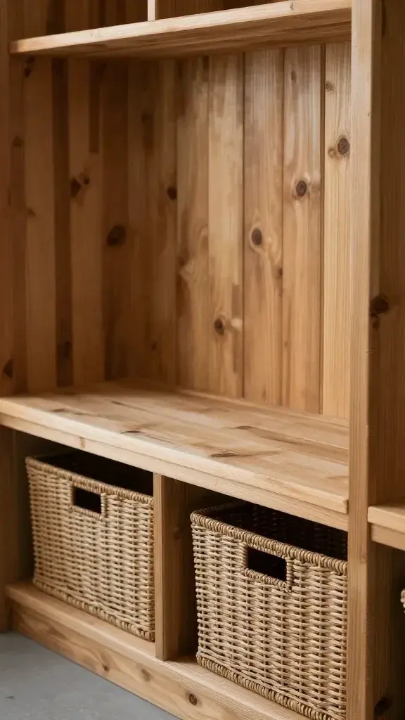 Closeup of a rustic wooden mudroom bench with storage baskets