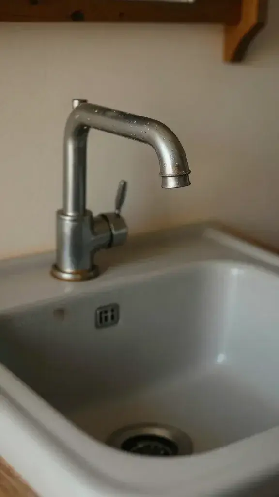 Closeup of a deep utility sink with iron faucet in a rustic laundry zone