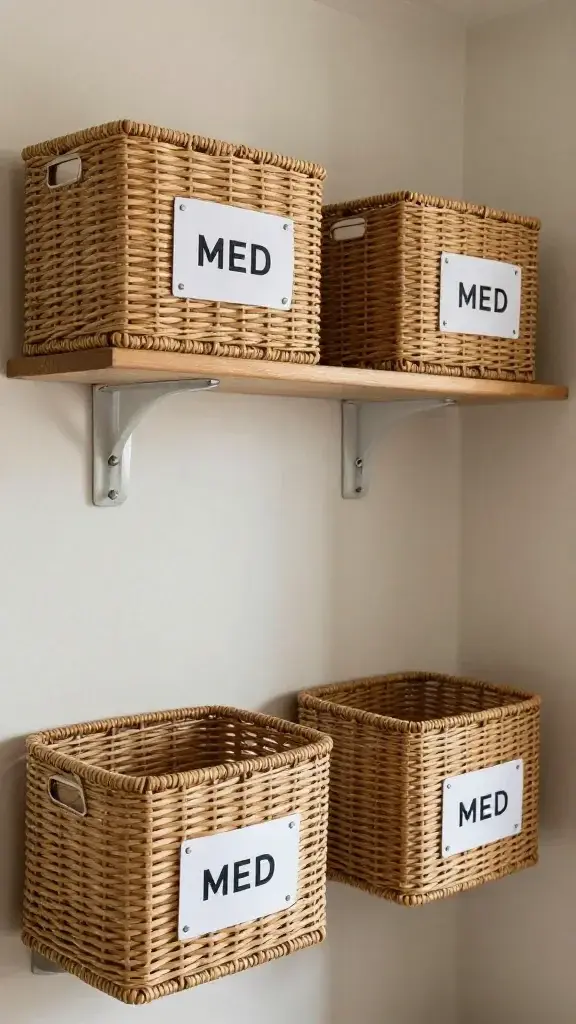 Closeup of labeled woven baskets on a wall-mounted cubby unit in mudroom